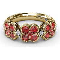 Magnolia Floral Cluster Ring with Round Rubies and Diamond Accents by Fana - 1.24 Carat Total Gemstone Weight