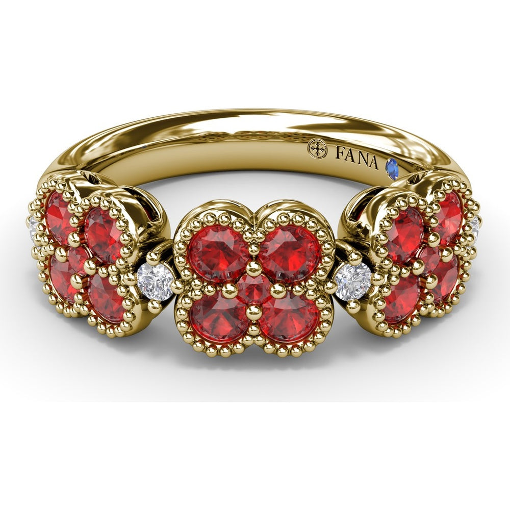 Magnolia Floral Cluster Ring with Round Rubies and Diamond Accents by Fana - 1.24 Carat Total Gemstone Weight