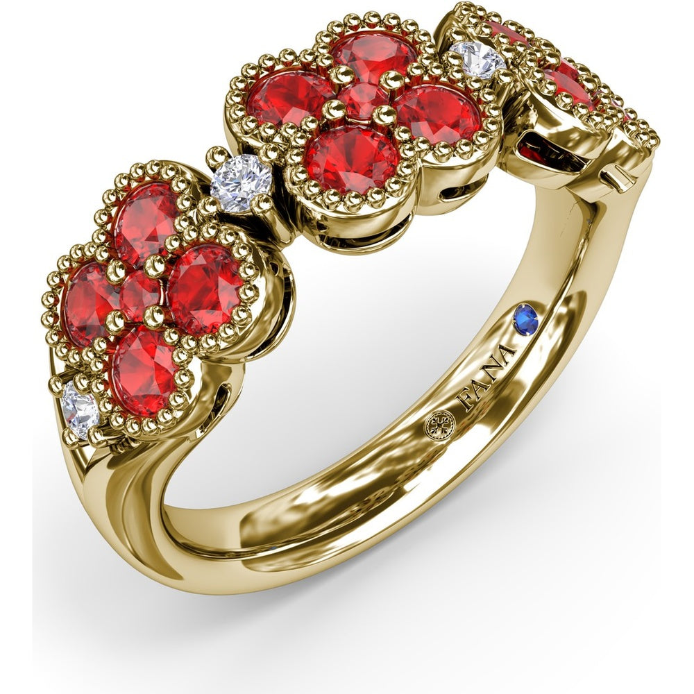 Magnolia Floral Cluster Ring with Round Rubies and Diamond Accents by Fana - 1.24 Carat Total Gemstone Weight