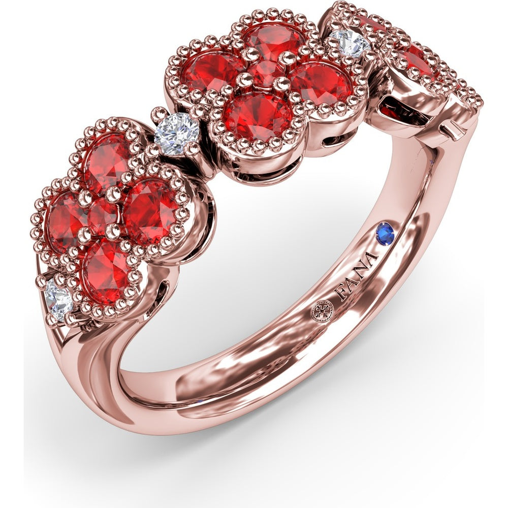 Magnolia Floral Cluster Ring with Round Rubies and Diamond Accents by Fana - 1.24 Carat Total Gemstone Weight