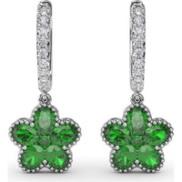 Magnolia Floral Huggie Earrings with Pavé Diamond Hoops and Oval Emeralds by Fana - 2.16 Carat Total Gemstone Weight