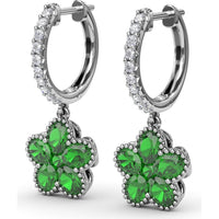 Magnolia Floral Huggie Earrings with Pavé Diamond Hoops and Oval Emeralds by Fana - 2.16 Carat Total Gemstone Weight