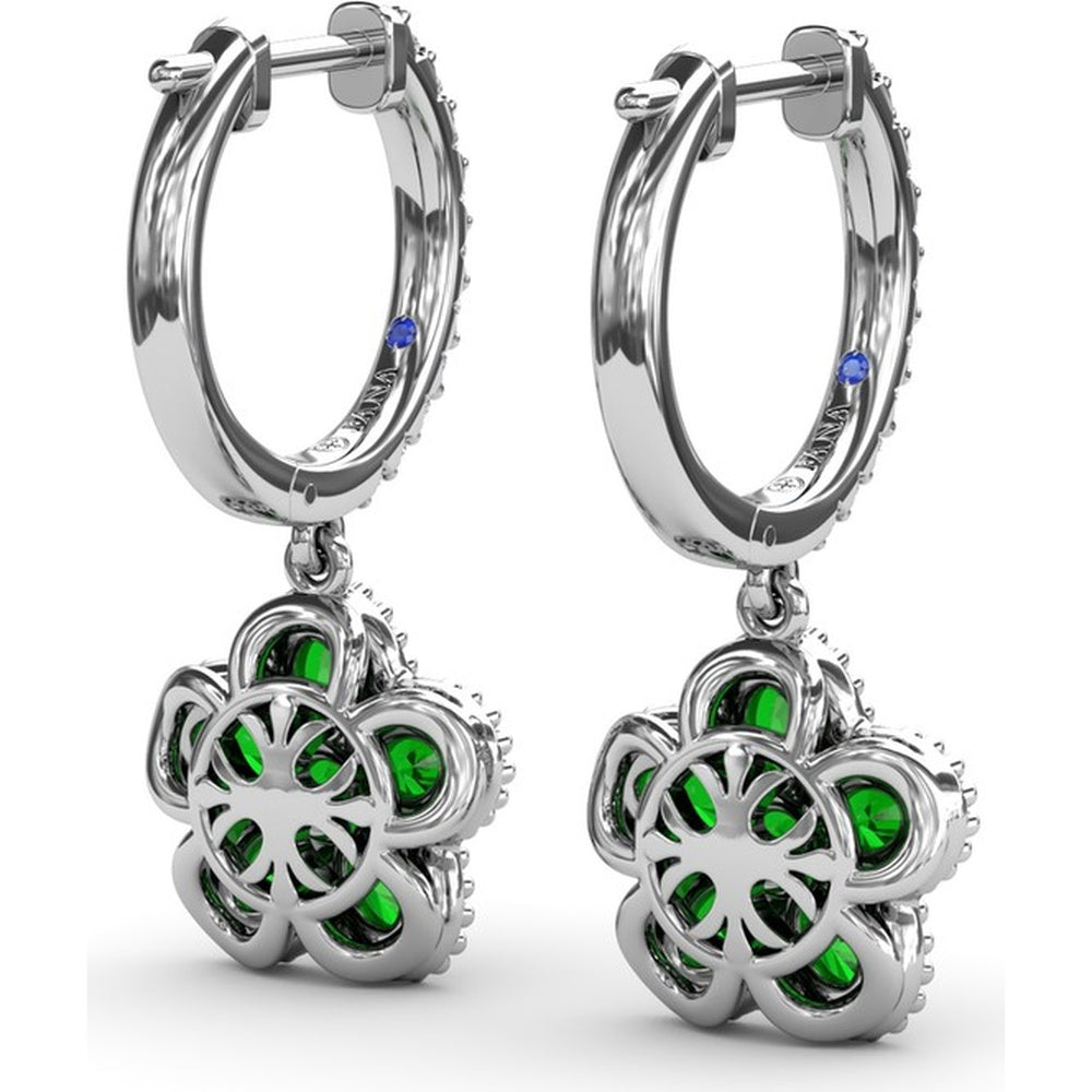 Magnolia Floral Huggie Earrings with Pavé Diamond Hoops and Oval Emeralds by Fana - 2.16 Carat Total Gemstone Weight