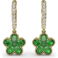 Magnolia Floral Huggie Earrings with Pavé Diamond Hoops and Oval Emeralds by Fana - 2.16 Carat Total Gemstone Weight