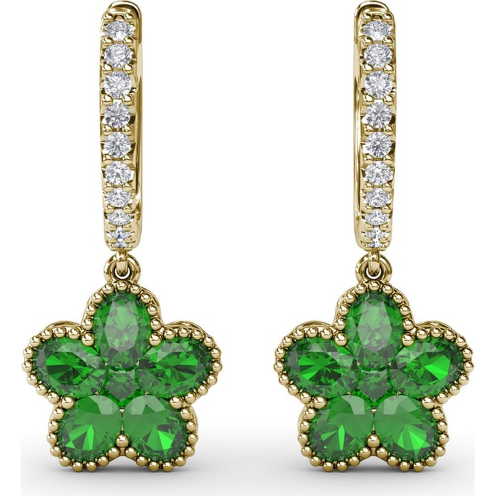 Magnolia Floral Huggie Earrings with Pavé Diamond Hoops and Oval Emeralds by Fana - 2.16 Carat Total Gemstone Weight