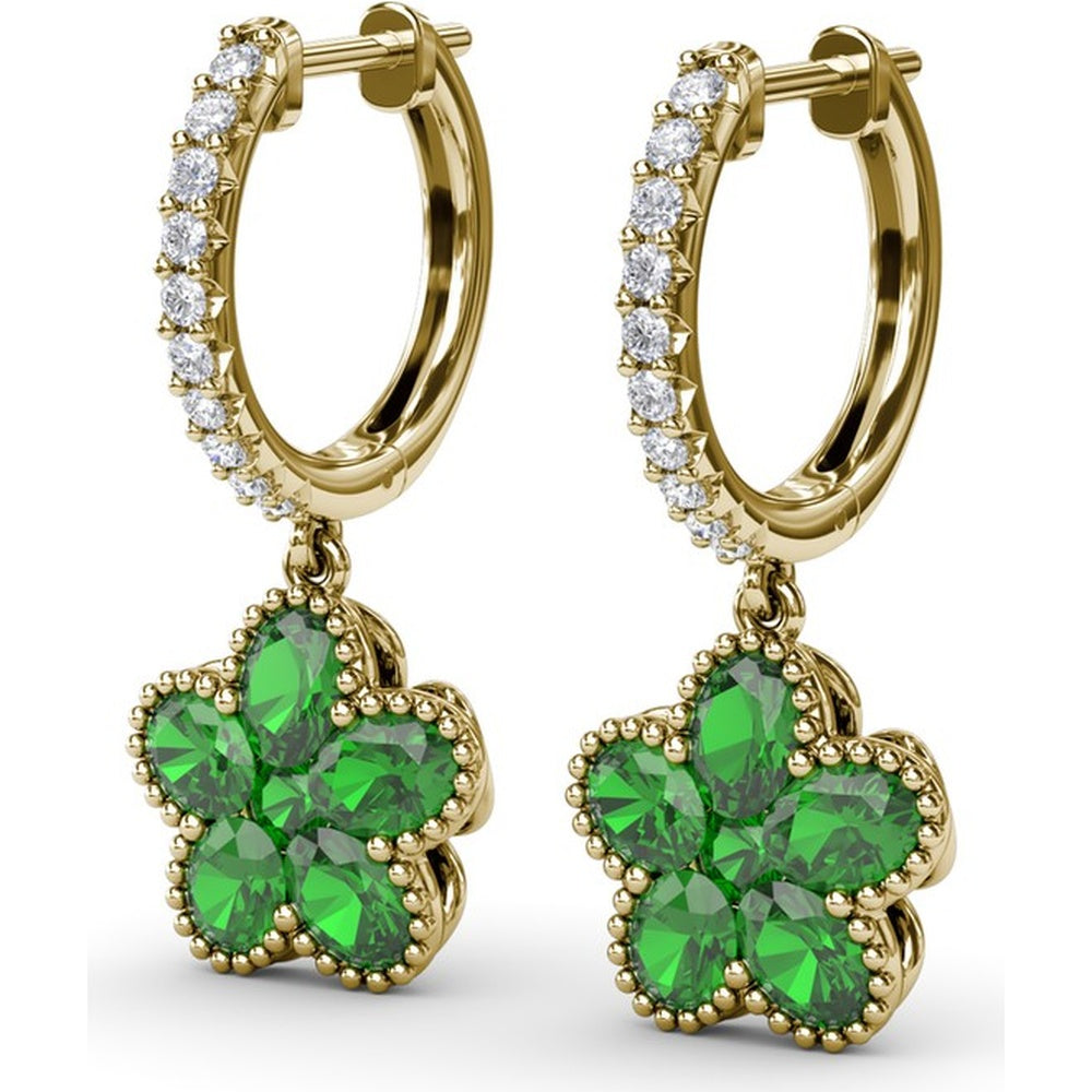 Magnolia Floral Huggie Earrings with Pavé Diamond Hoops and Oval Emeralds by Fana - 2.16 Carat Total Gemstone Weight
