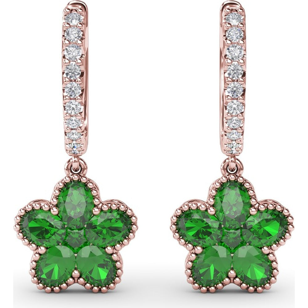 Magnolia Floral Huggie Earrings with Pavé Diamond Hoops and Oval Emeralds by Fana - 2.16 Carat Total Gemstone Weight