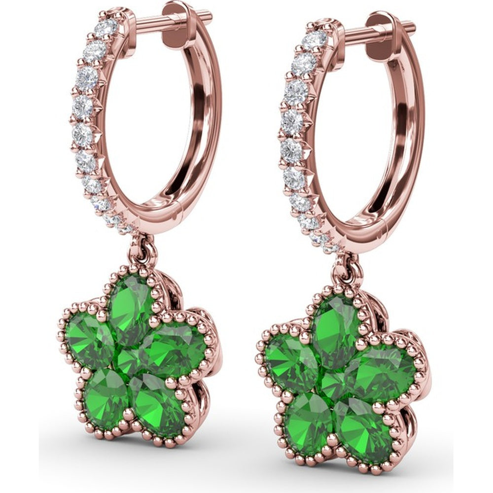 Magnolia Floral Huggie Earrings with Pavé Diamond Hoops and Oval Emeralds by Fana - 2.16 Carat Total Gemstone Weight