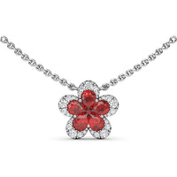 Magnolia Floral Necklace with Pear-Shaped Rubies and Diamond Halo by Fana - 1.29 Carat Total Gemstone Weight