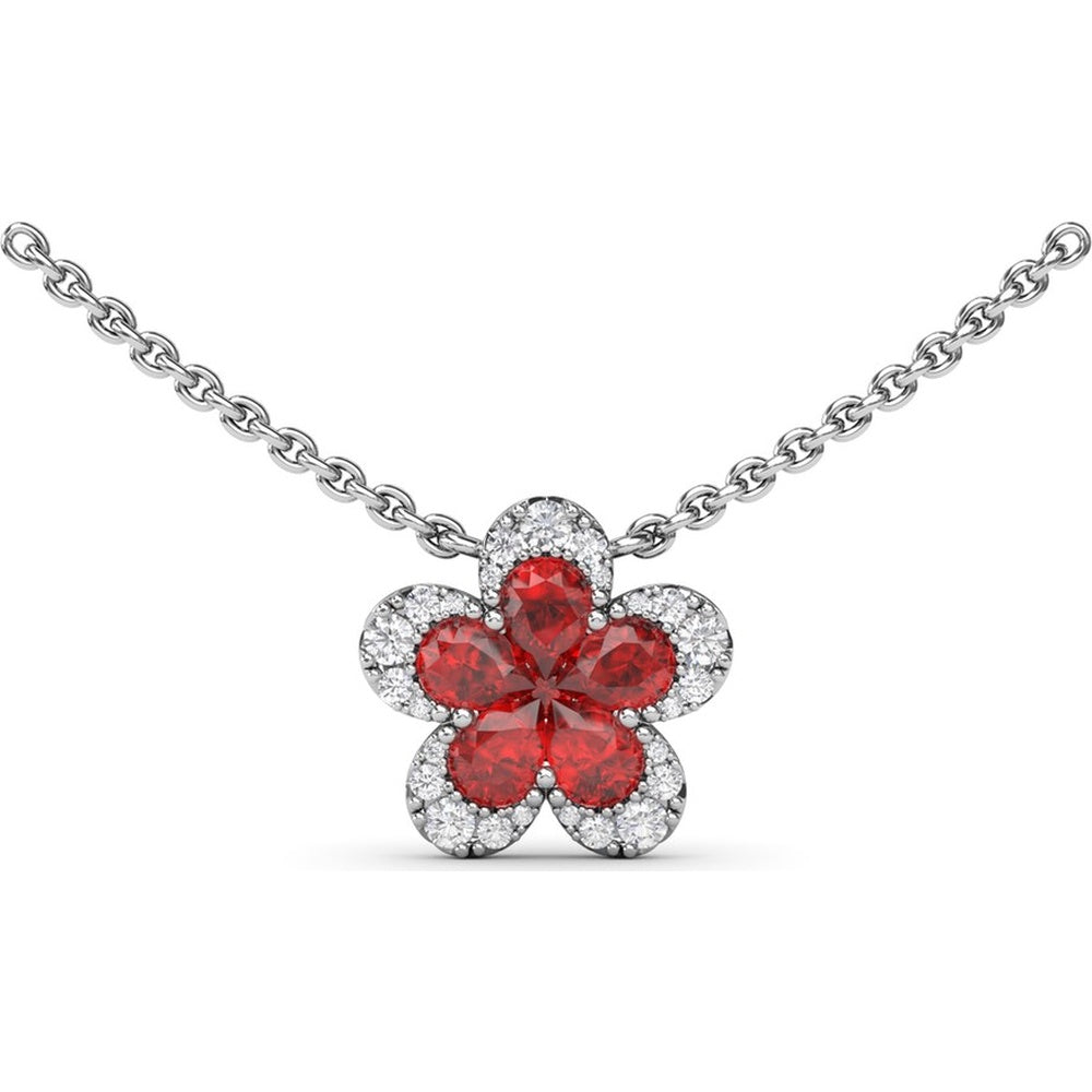 Magnolia Floral Necklace with Pear-Shaped Rubies and Diamond Halo by Fana - 1.29 Carat Total Gemstone Weight