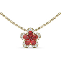 Magnolia Floral Necklace with Pear-Shaped Rubies and Diamond Halo by Fana - 1.29 Carat Total Gemstone Weight