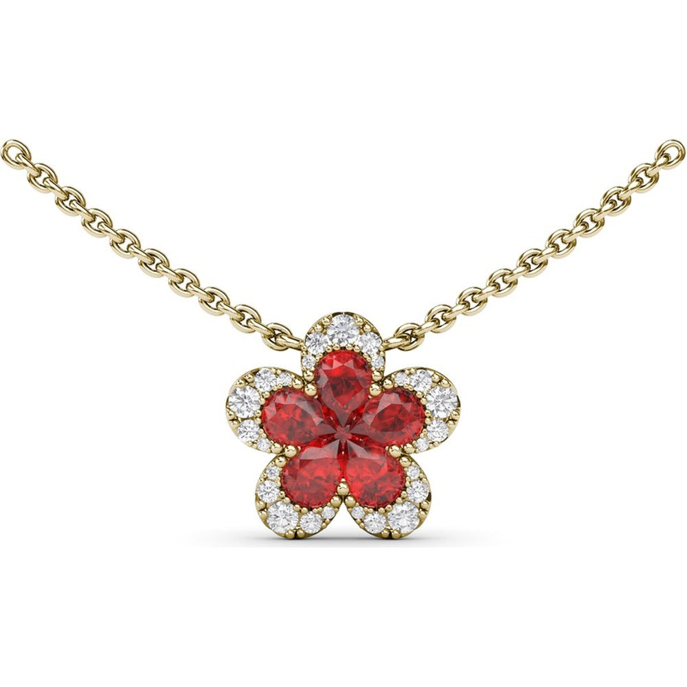 Magnolia Floral Necklace with Pear-Shaped Rubies and Diamond Halo by Fana - 1.29 Carat Total Gemstone Weight