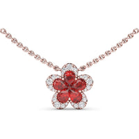 Magnolia Floral Necklace with Pear-Shaped Rubies and Diamond Halo by Fana - 1.29 Carat Total Gemstone Weight