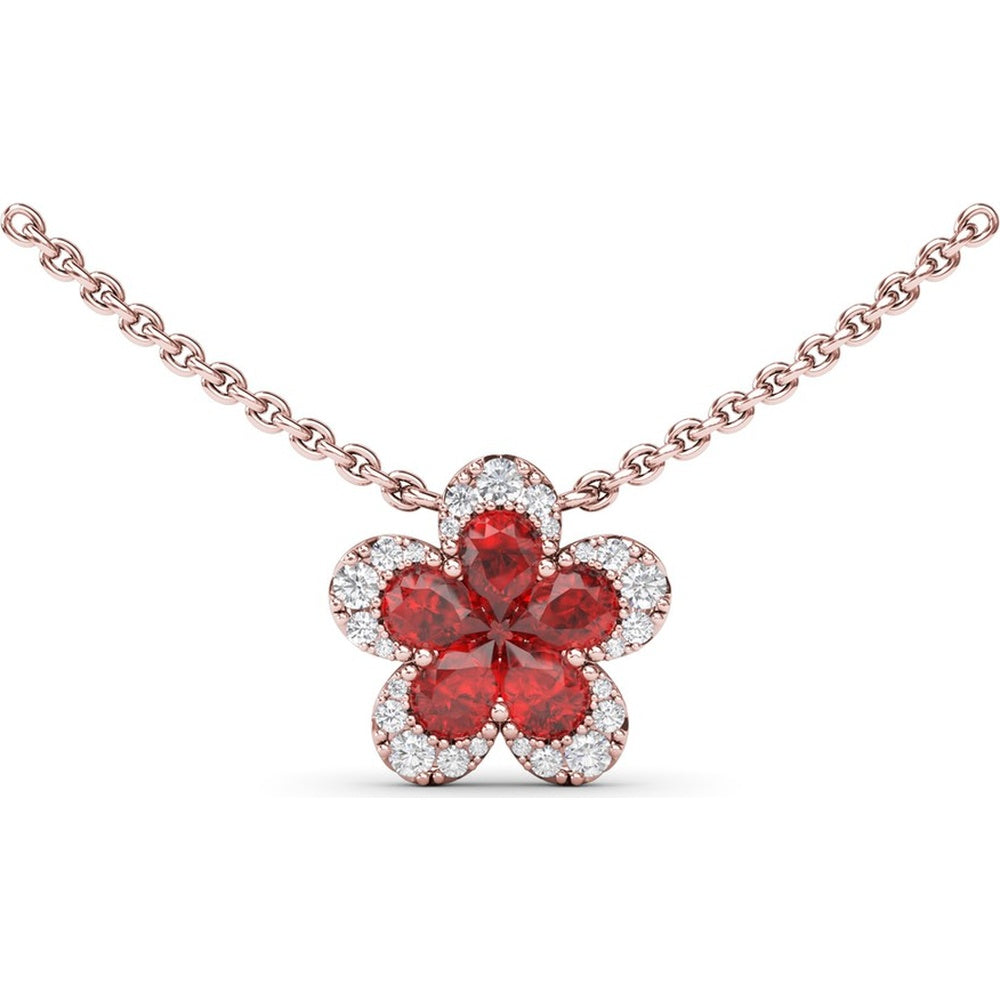 Magnolia Floral Necklace with Pear-Shaped Rubies and Diamond Halo by Fana - 1.29 Carat Total Gemstone Weight