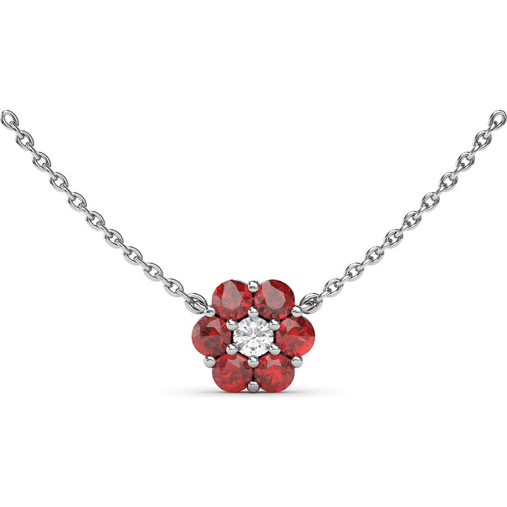 Magnolia Floral Necklace with Round Diamond Center and Ruby Petals by Fana - 1.32 Carat Total Gemstone Weight