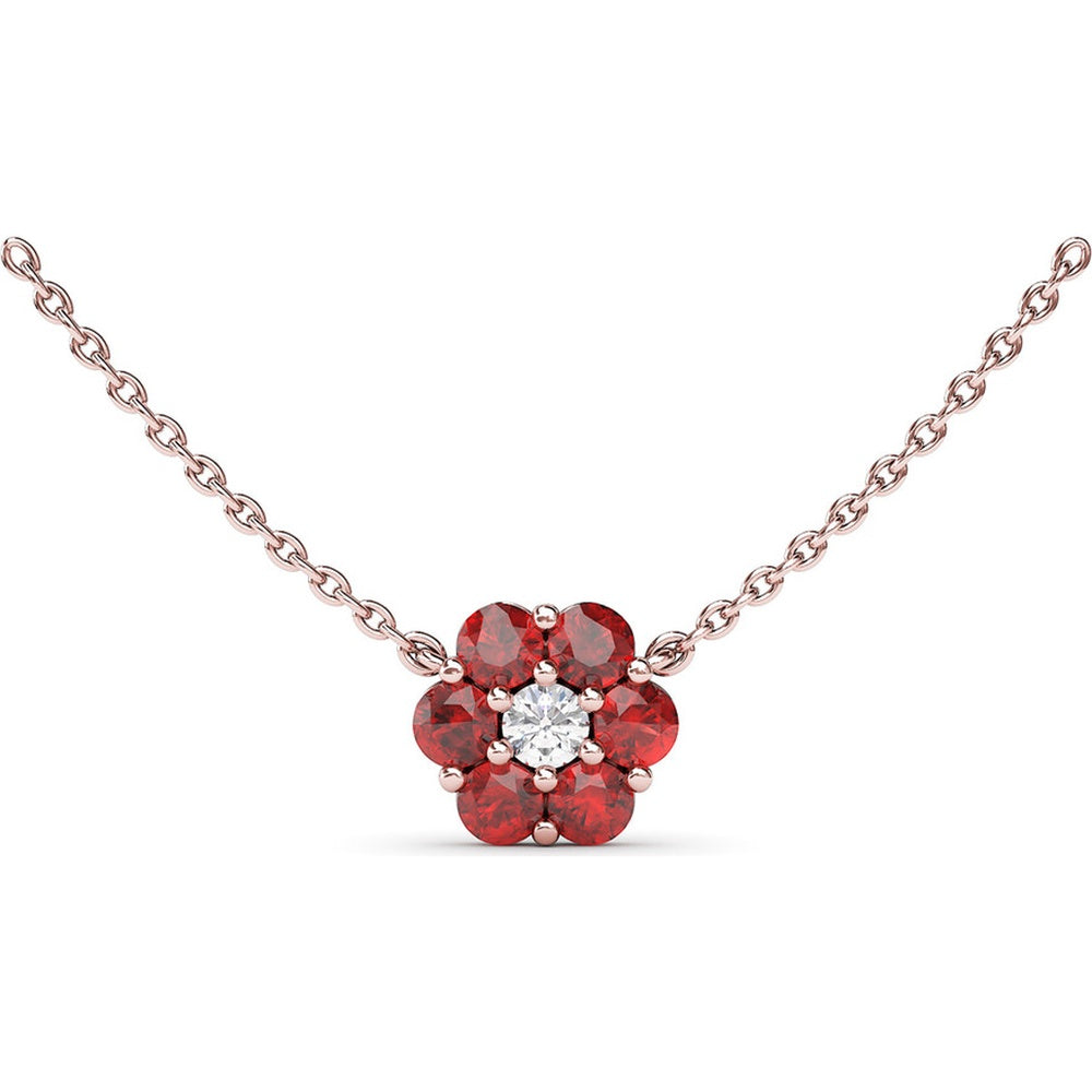 Magnolia Floral Necklace with Round Diamond Center and Ruby Petals by Fana - 1.32 Carat Total Gemstone Weight