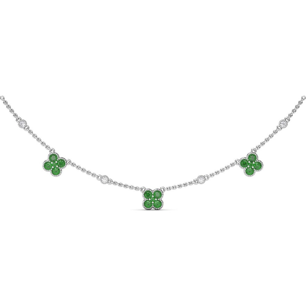 Magnolia Floral Necklace with Round Emeralds and Bezel Set Diamonds by Fana - 1.02 Carat Total Emerald Weight