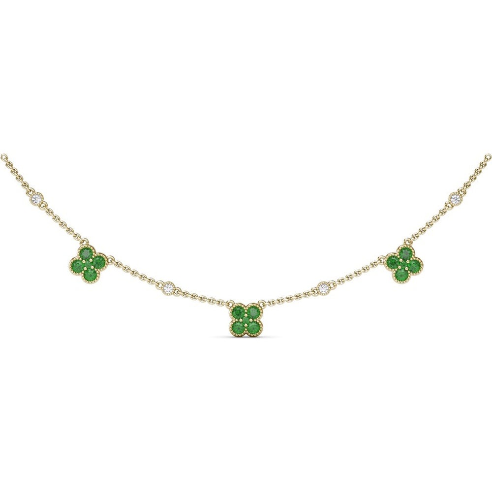 Magnolia Floral Necklace with Round Emeralds and Bezel Set Diamonds by Fana - 1.02 Carat Total Emerald Weight