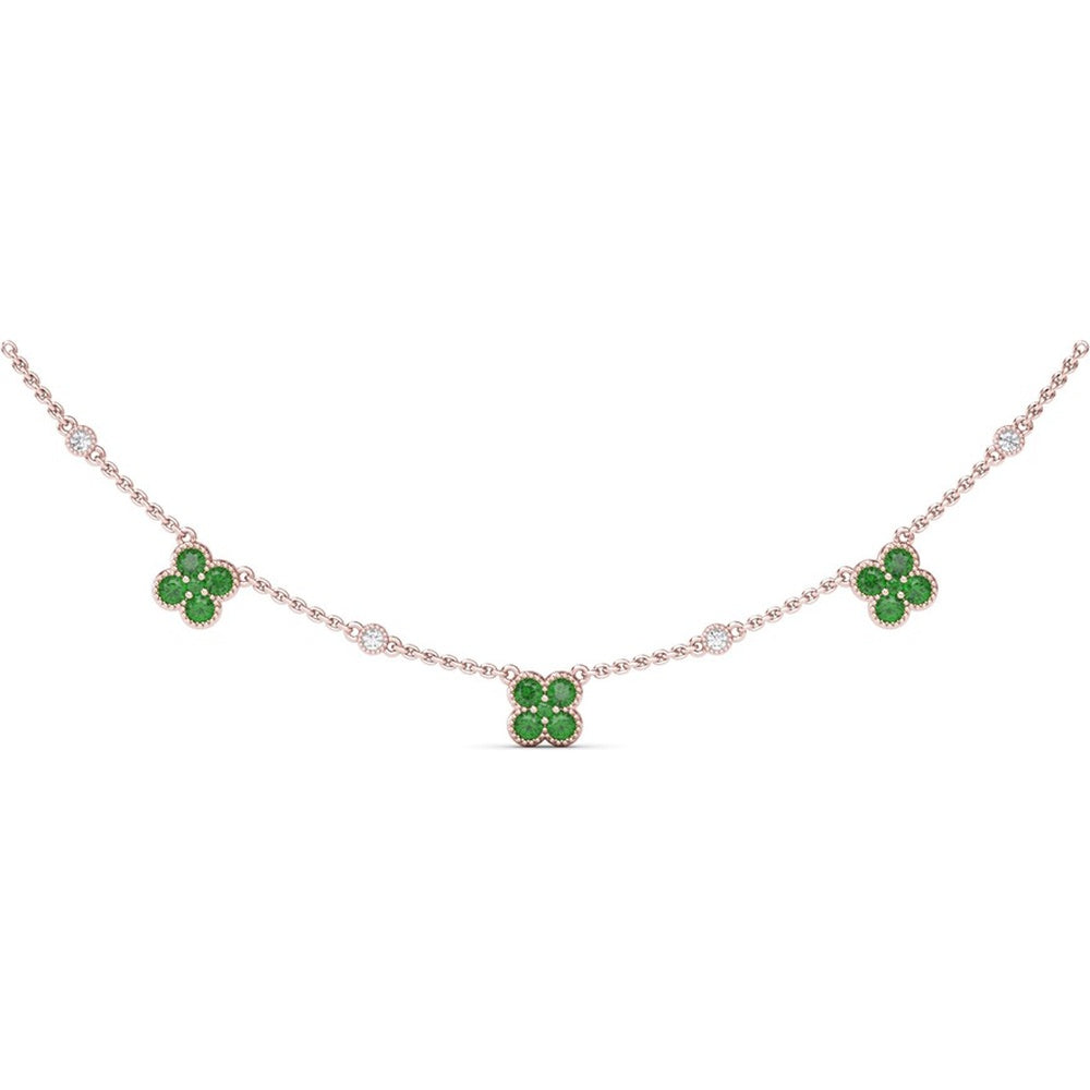Magnolia Floral Necklace with Round Emeralds and Bezel Set Diamonds by Fana - 1.02 Carat Total Emerald Weight