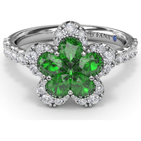 Magnolia Floral Ring with Pear-Shaped Emeralds and Diamond Halo by Fana - 1.32 Carat Total Gemstone Weight