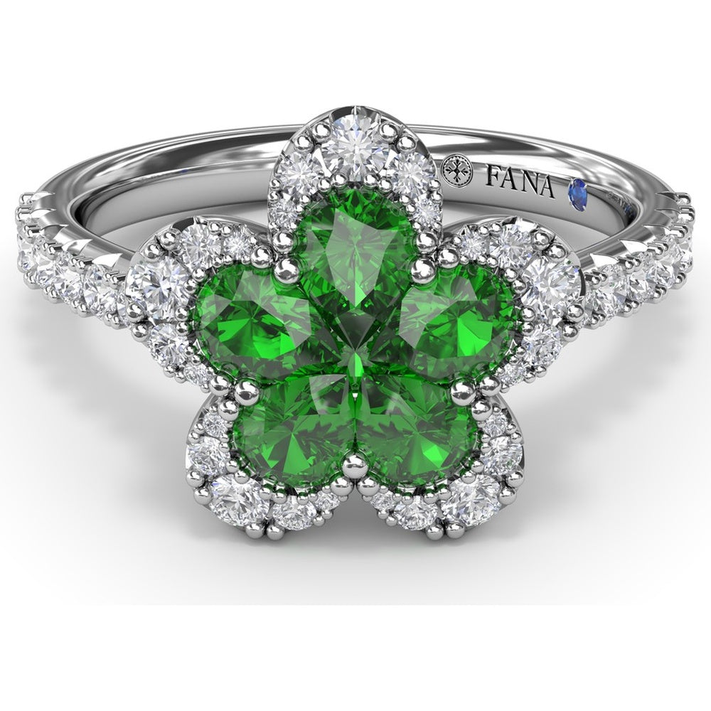 Magnolia Floral Ring with Pear-Shaped Emeralds and Diamond Halo by Fana - 1.32 Carat Total Gemstone Weight