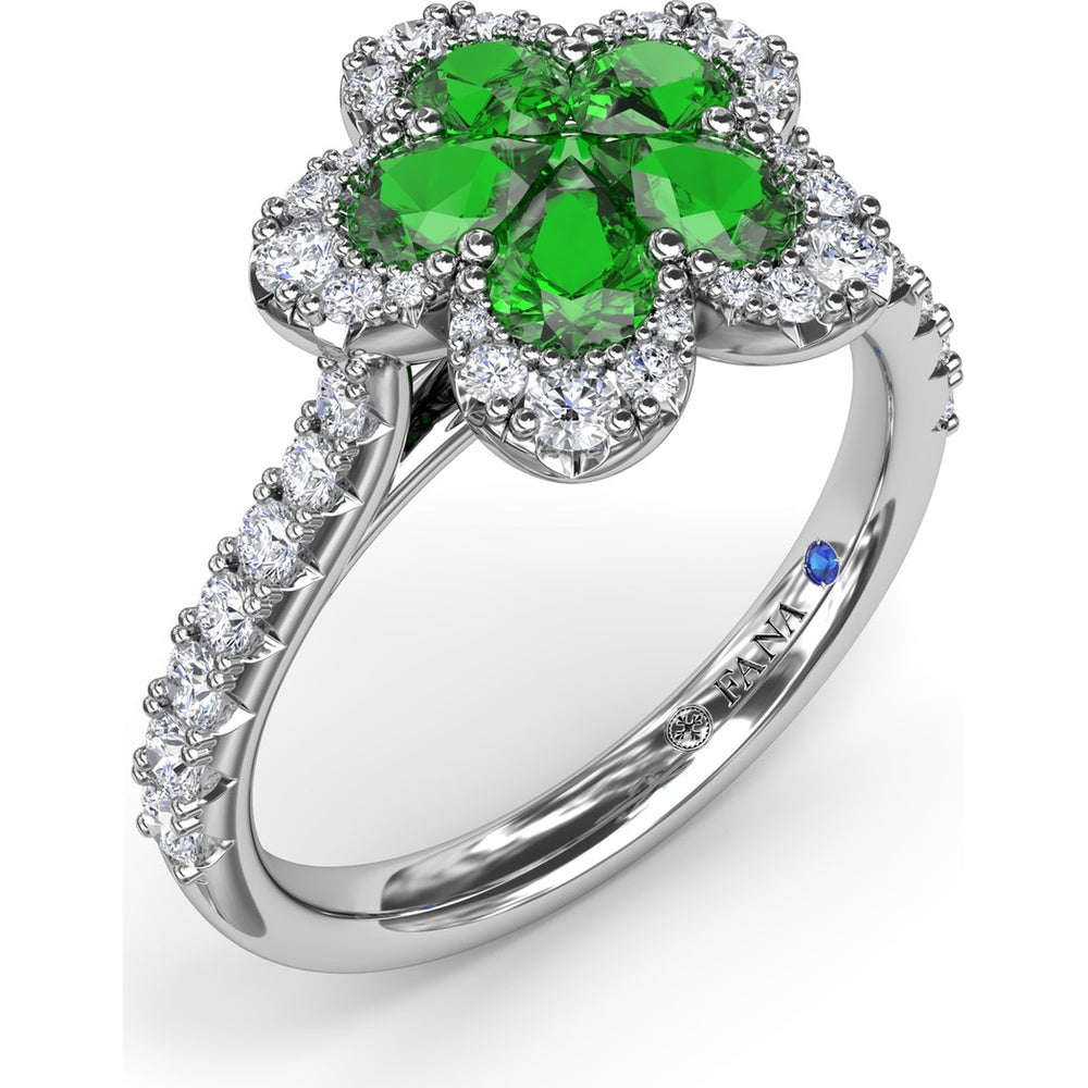 Magnolia Floral Ring with Pear-Shaped Emeralds and Diamond Halo by Fana - 1.32 Carat Total Gemstone Weight