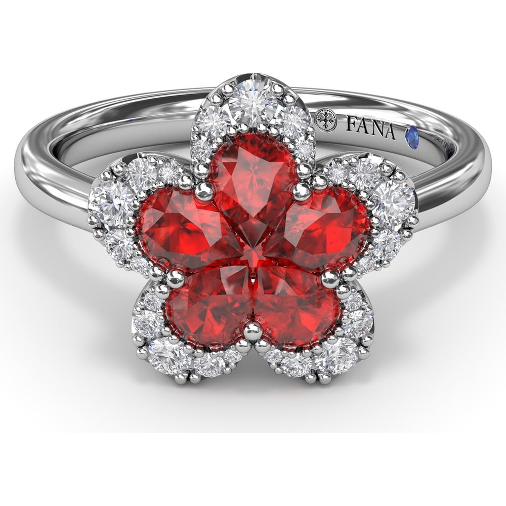 Magnolia Floral Ring with Pear-Shaped Rubies and Diamond Halo by Fana - 1.28 Carat Total Gemstone Weight