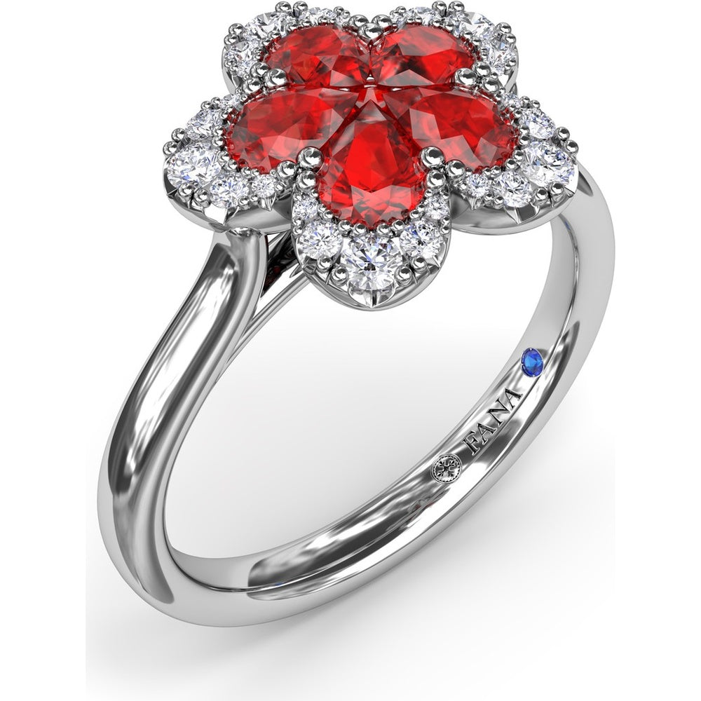Magnolia Floral Ring with Pear-Shaped Rubies and Diamond Halo by Fana - 1.28 Carat Total Gemstone Weight