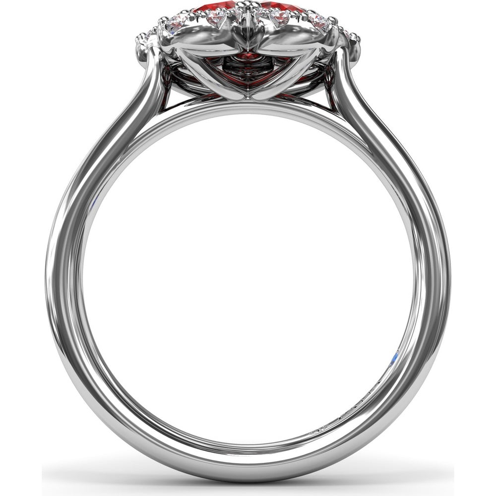 Magnolia Floral Ring with Pear-Shaped Rubies and Diamond Halo by Fana - 1.28 Carat Total Gemstone Weight