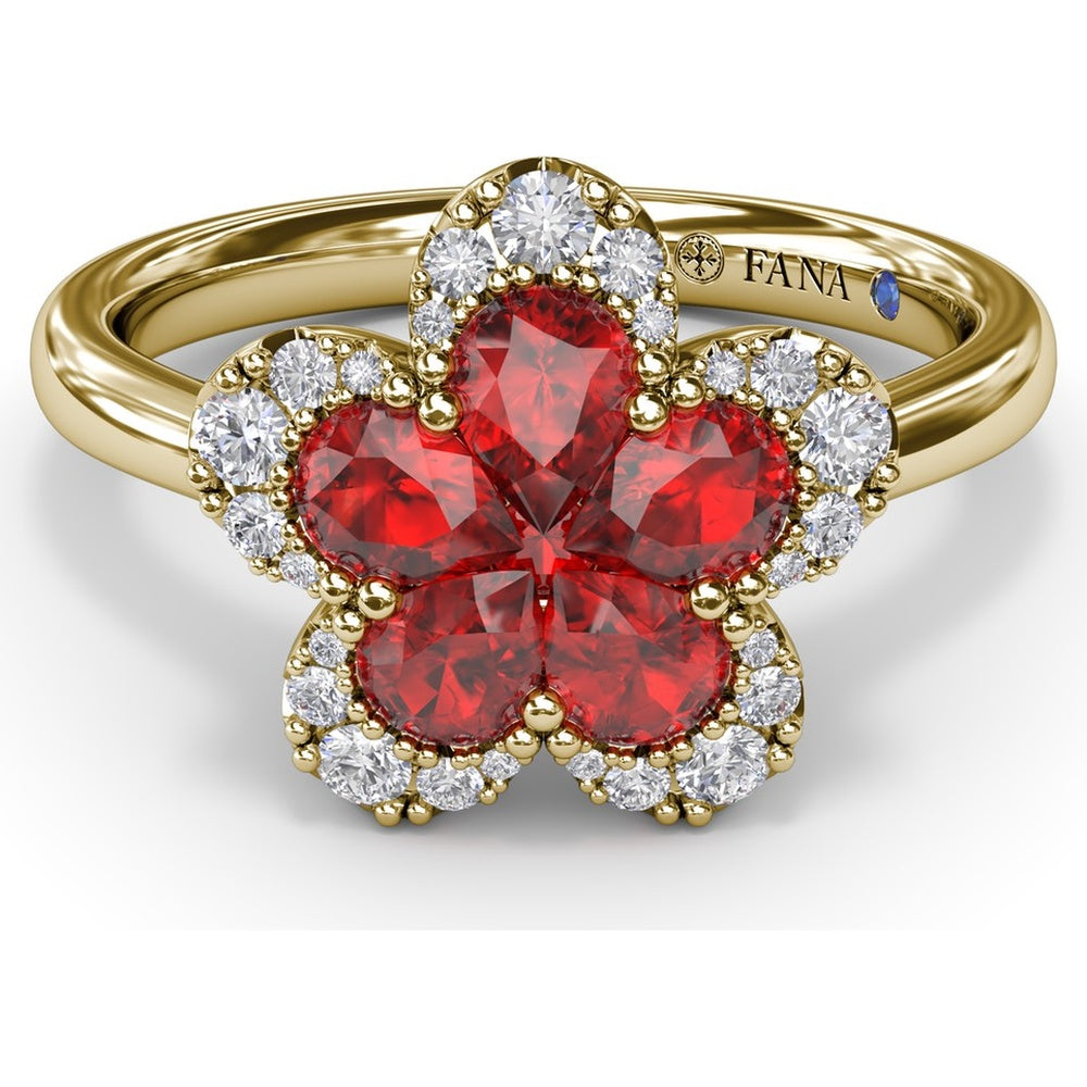Magnolia Floral Ring with Pear-Shaped Rubies and Diamond Halo by Fana - 1.28 Carat Total Gemstone Weight