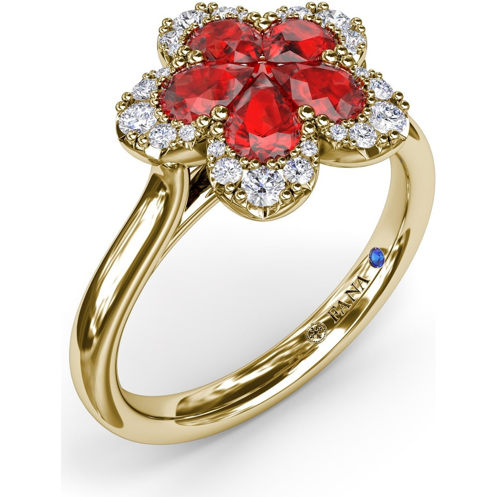 Magnolia Floral Ring with Pear-Shaped Rubies and Diamond Halo by Fana - 1.28 Carat Total Gemstone Weight