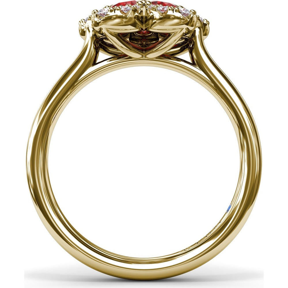 Magnolia Floral Ring with Pear-Shaped Rubies and Diamond Halo by Fana - 1.28 Carat Total Gemstone Weight