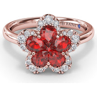 Magnolia Floral Ring with Pear-Shaped Rubies and Diamond Halo by Fana - 1.28 Carat Total Gemstone Weight