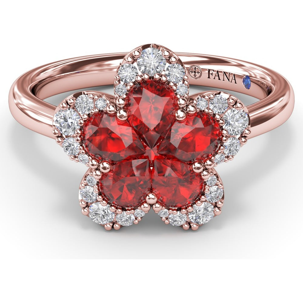 Magnolia Floral Ring with Pear-Shaped Rubies and Diamond Halo by Fana - 1.28 Carat Total Gemstone Weight