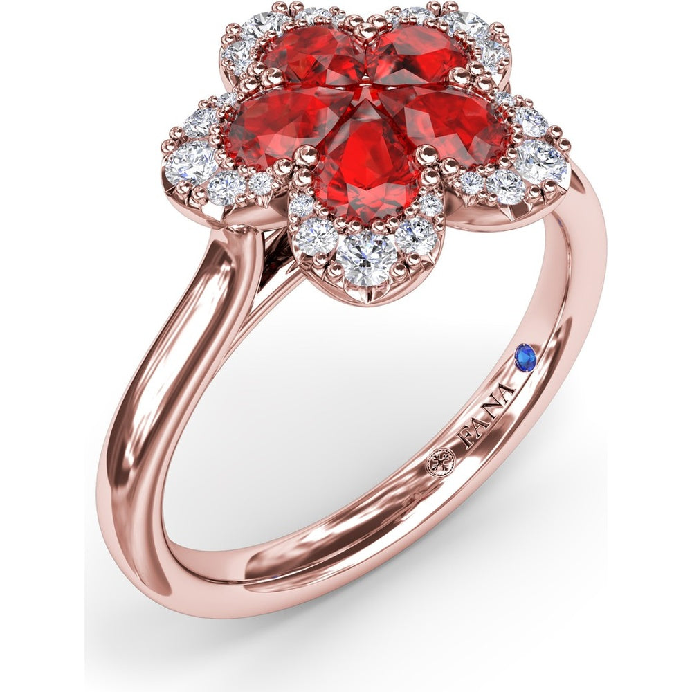 Magnolia Floral Ring with Pear-Shaped Rubies and Diamond Halo by Fana - 1.28 Carat Total Gemstone Weight
