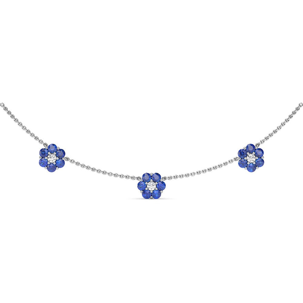Magnolia Floral Station Necklace with Round Sapphires and Diamonds by Fana - 3.96 Carat Total Gemstone Weight