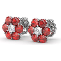 Magnolia Floral Stud Earrings with Prong Set Rubies and a Round Diamond by Fana - 2.64 Carat Total Gemstone Weight
