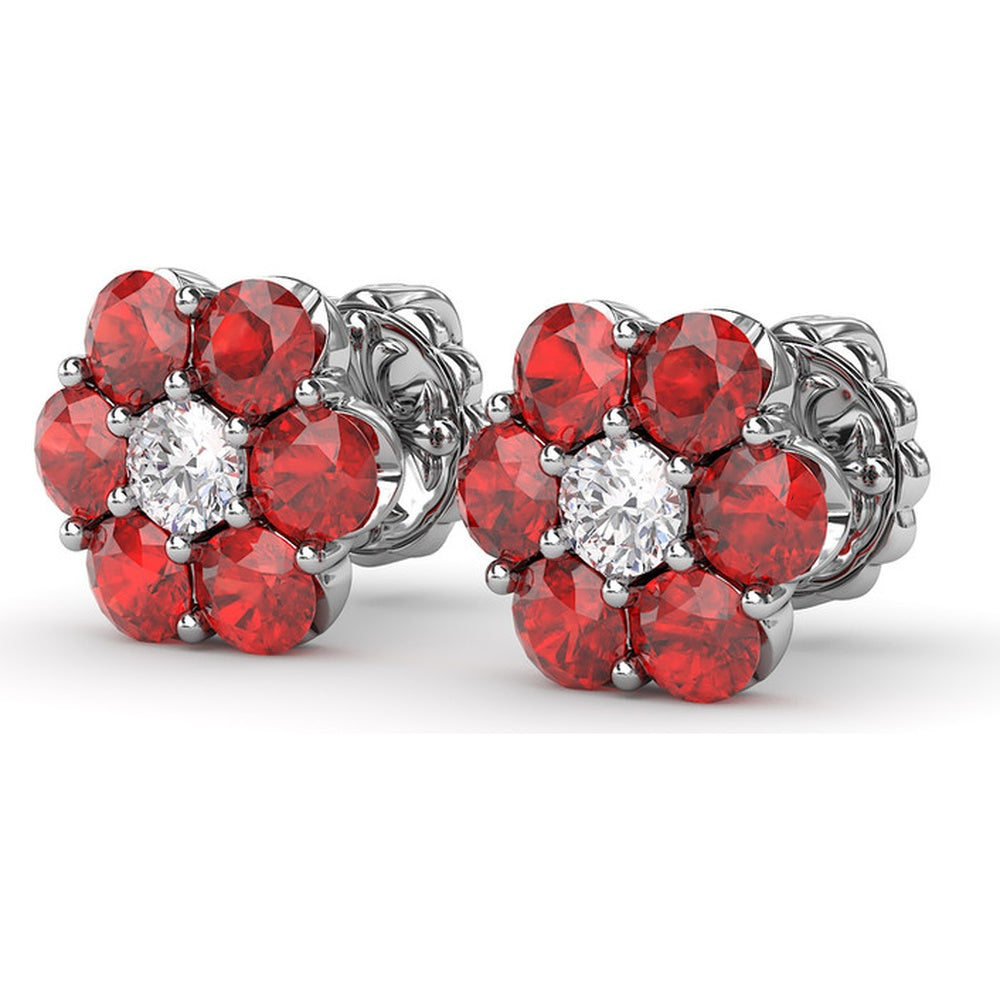Magnolia Floral Stud Earrings with Prong Set Rubies and a Round Diamond by Fana - 2.64 Carat Total Gemstone Weight
