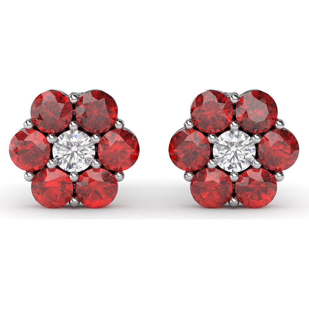 Magnolia Floral Stud Earrings with Prong Set Rubies and a Round Diamond by Fana - 2.64 Carat Total Gemstone Weight
