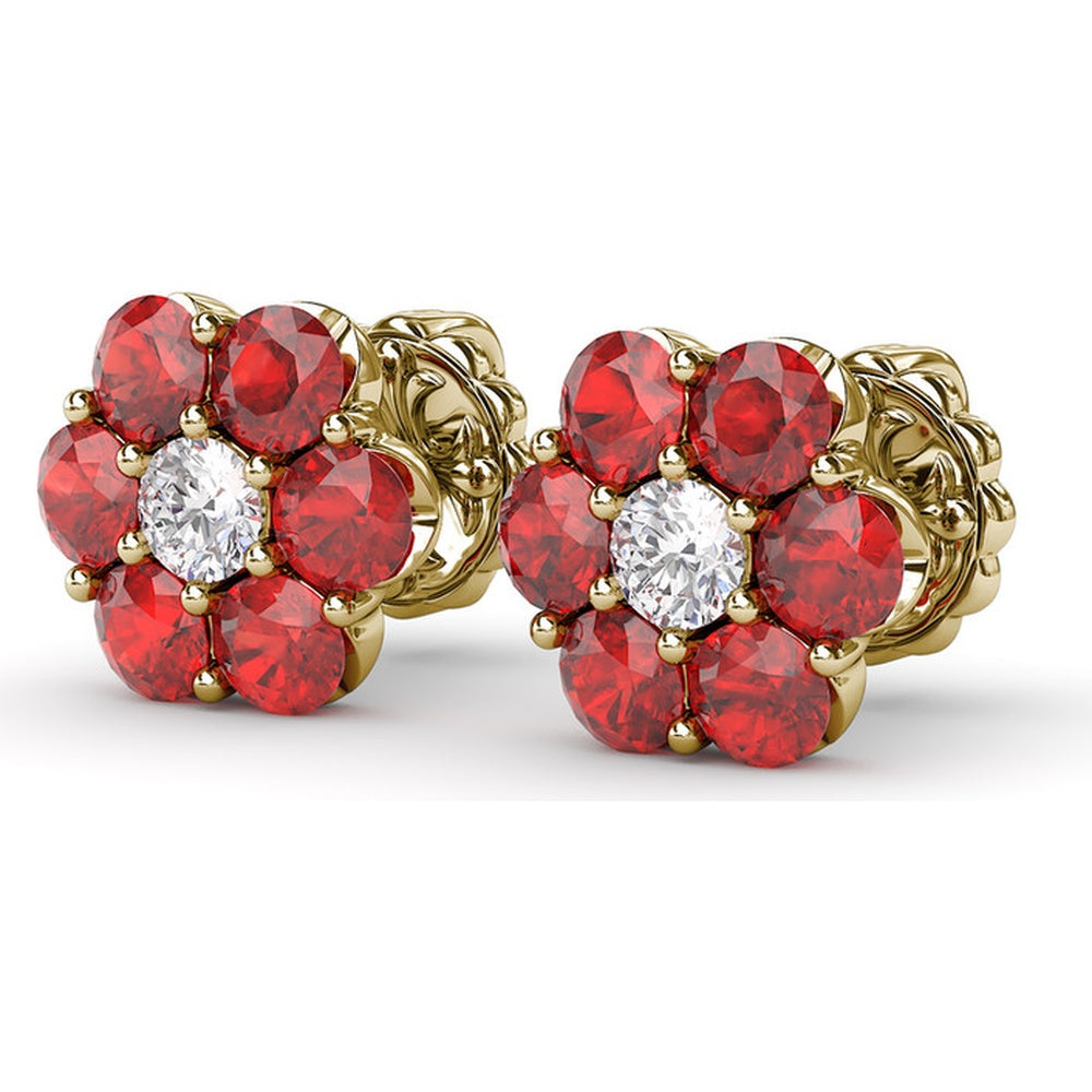 Magnolia Floral Stud Earrings with Prong Set Rubies and a Round Diamond by Fana - 2.64 Carat Total Gemstone Weight
