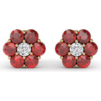 Magnolia Floral Stud Earrings with Prong Set Rubies and a Round Diamond by Fana - 2.64 Carat Total Gemstone Weight