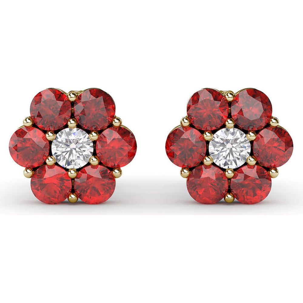 Magnolia Floral Stud Earrings with Prong Set Rubies and a Round Diamond by Fana - 2.64 Carat Total Gemstone Weight