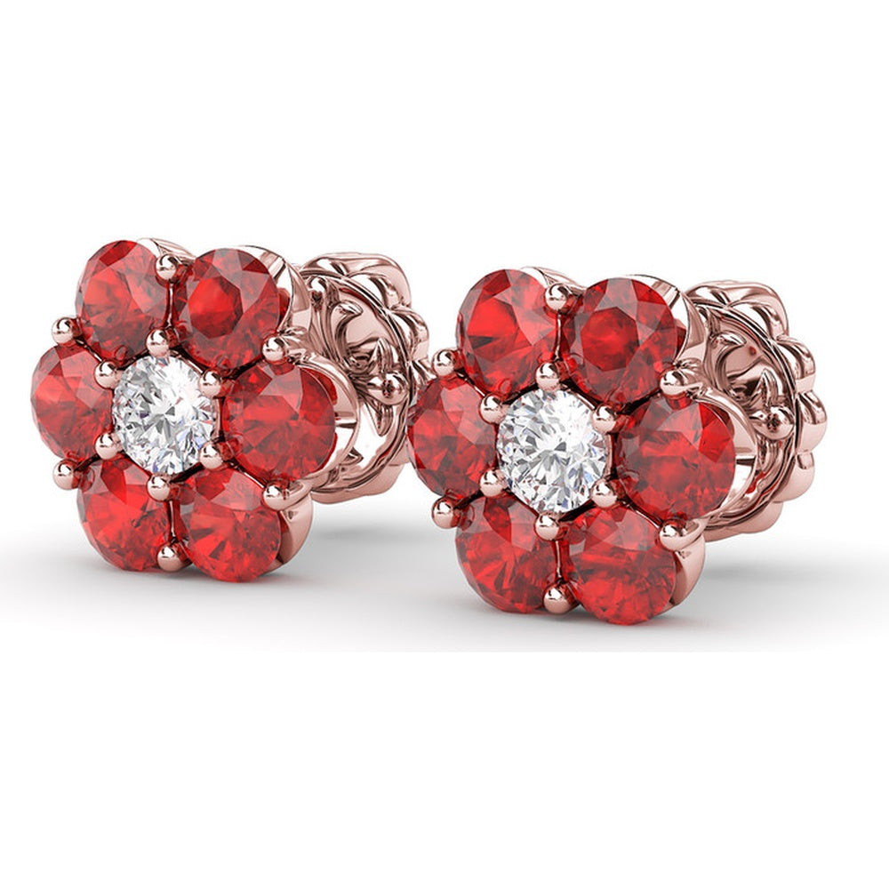 Magnolia Floral Stud Earrings with Prong Set Rubies and a Round Diamond by Fana - 2.64 Carat Total Gemstone Weight