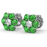 Magnolia Floral Stud Earrings with Round Emeralds and Diamonds by Fana - 2.16 Carat Total Gemstone Weight
