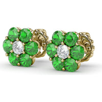 Magnolia Floral Stud Earrings with Round Emeralds and Diamonds by Fana - 2.16 Carat Total Gemstone Weight