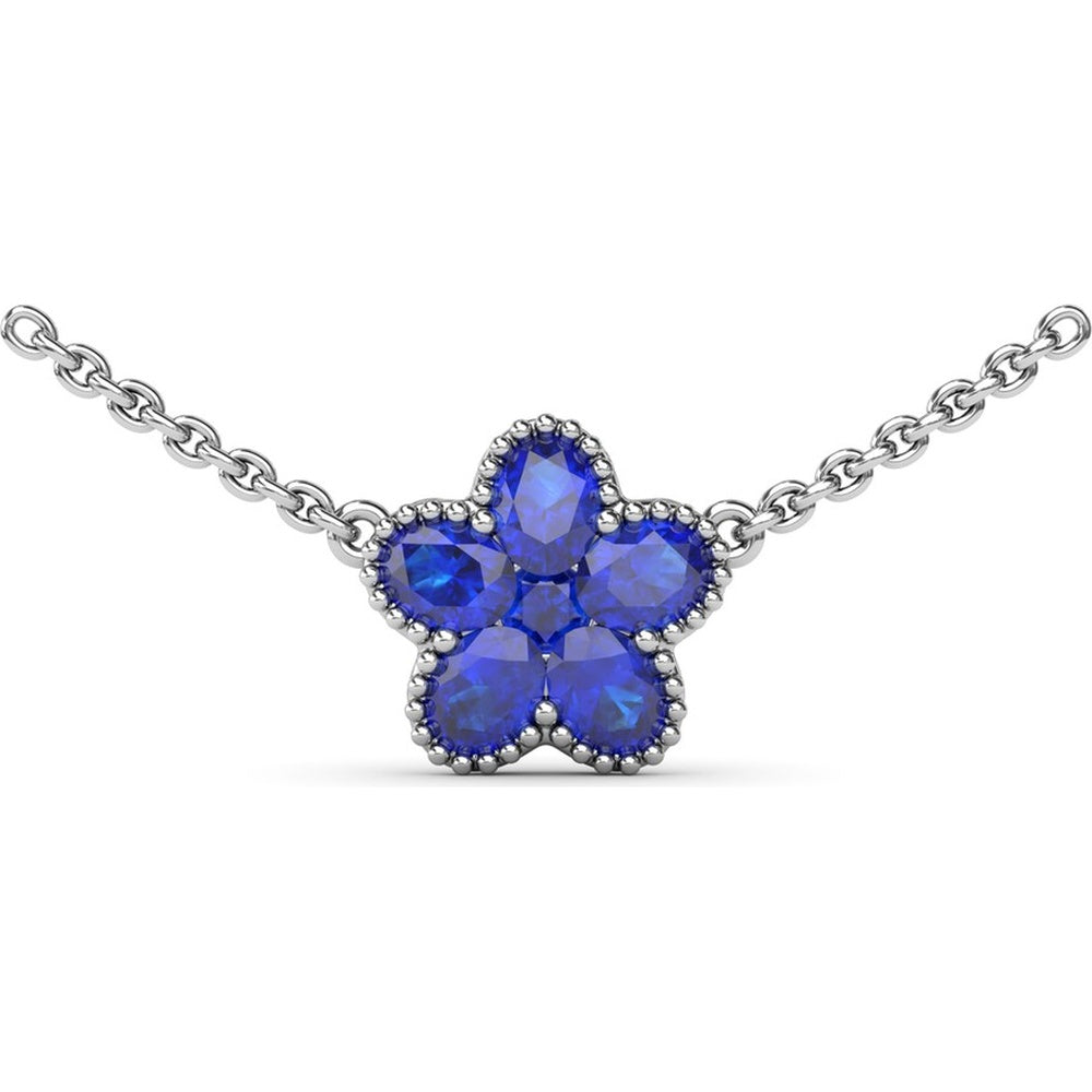 Magnolia Flower Pendant Necklace with Oval Sapphires and Milgrain Border by Fana - 1.34 Carat Total Gemstone Weight