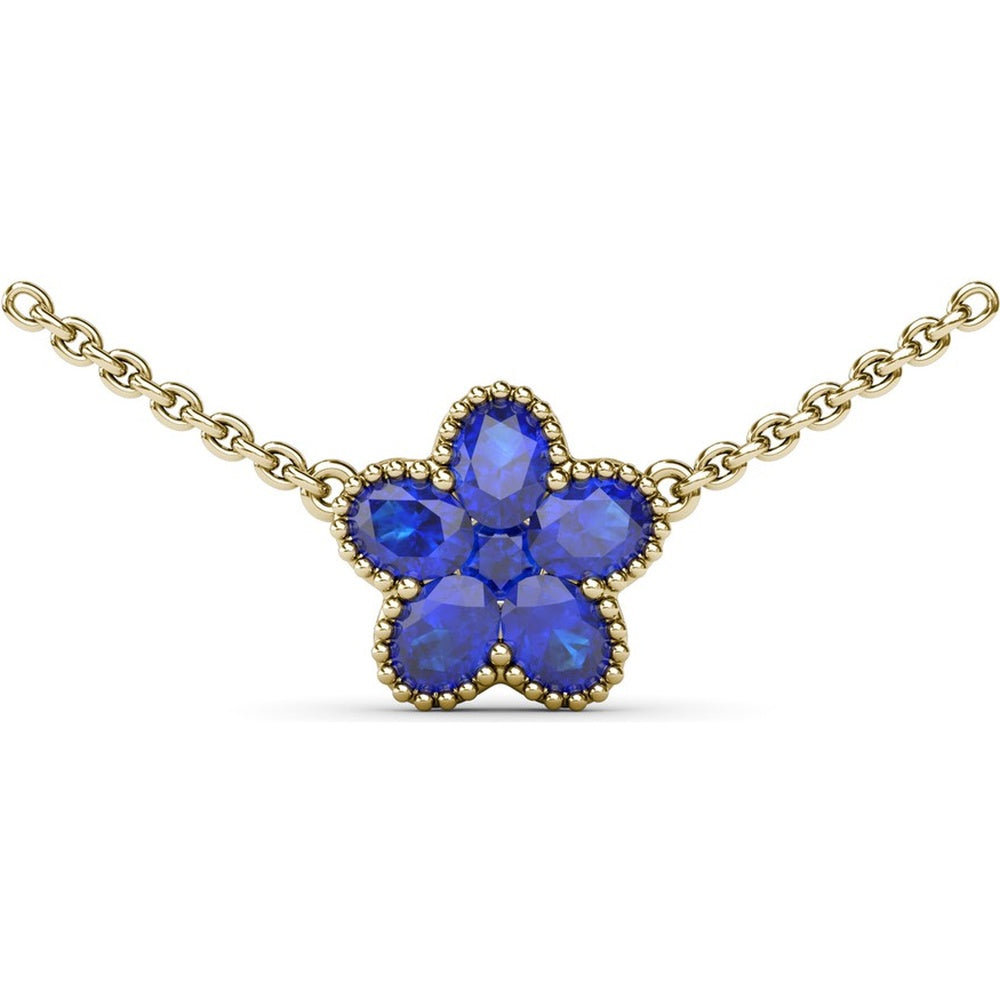 Magnolia Flower Pendant Necklace with Oval Sapphires and Milgrain Border by Fana - 1.34 Carat Total Gemstone Weight