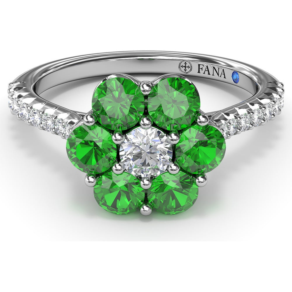 Magnolia Flower Ring with Round Diamond Center and Emerald Petals by Fana - 1.26 Carat Total Gemstone Weight
