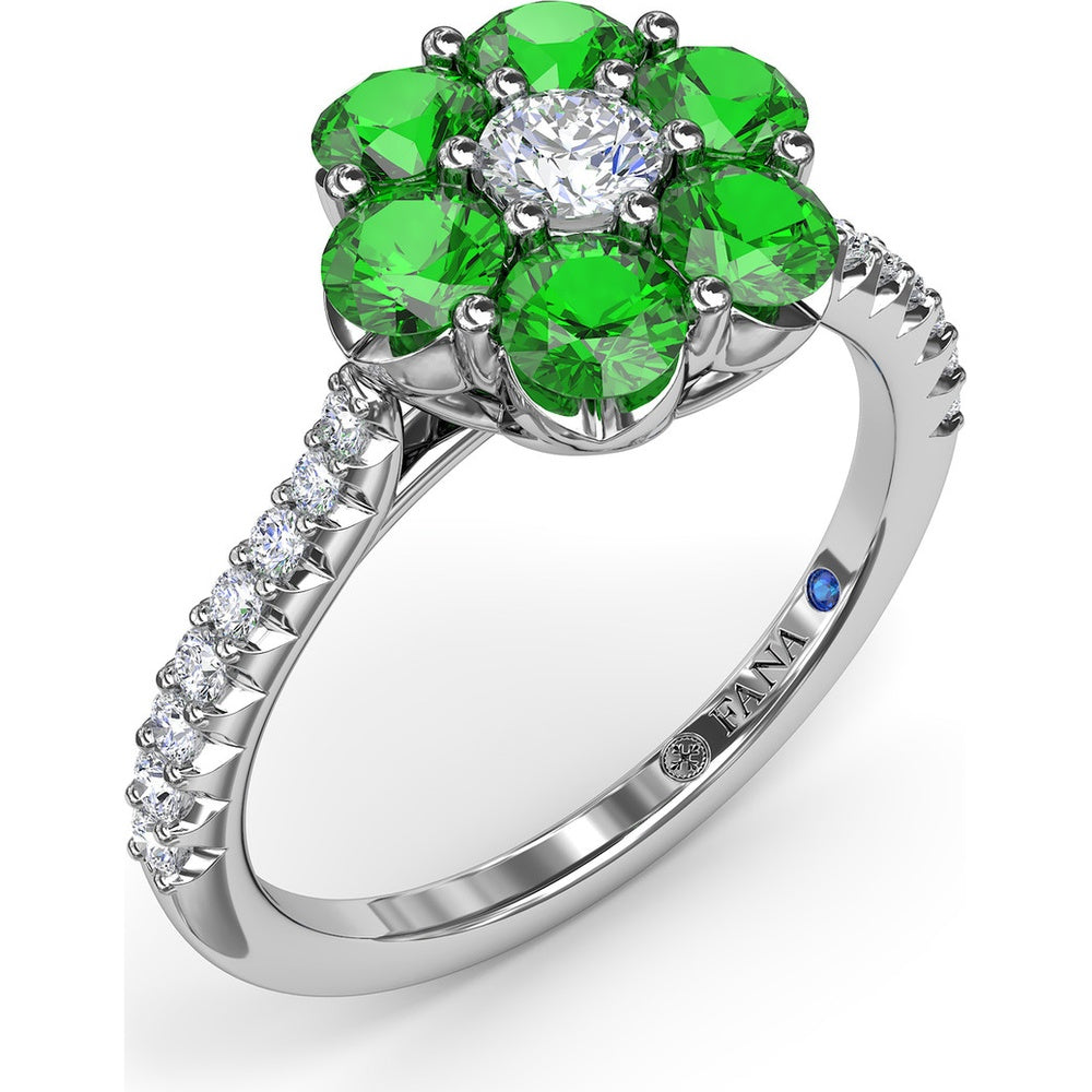Magnolia Flower Ring with Round Diamond Center and Emerald Petals by Fana - 1.26 Carat Total Gemstone Weight