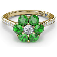 Magnolia Flower Ring with Round Diamond Center and Emerald Petals by Fana - 1.26 Carat Total Gemstone Weight